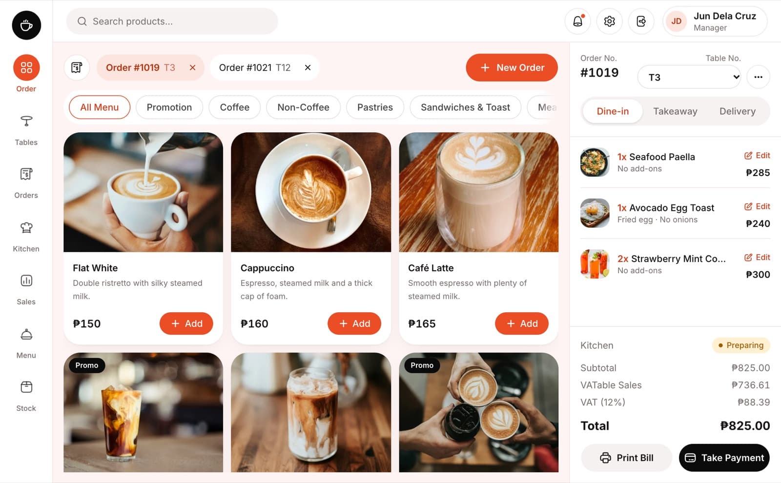 Order screen with a menu grid on the left and the open bill on the right